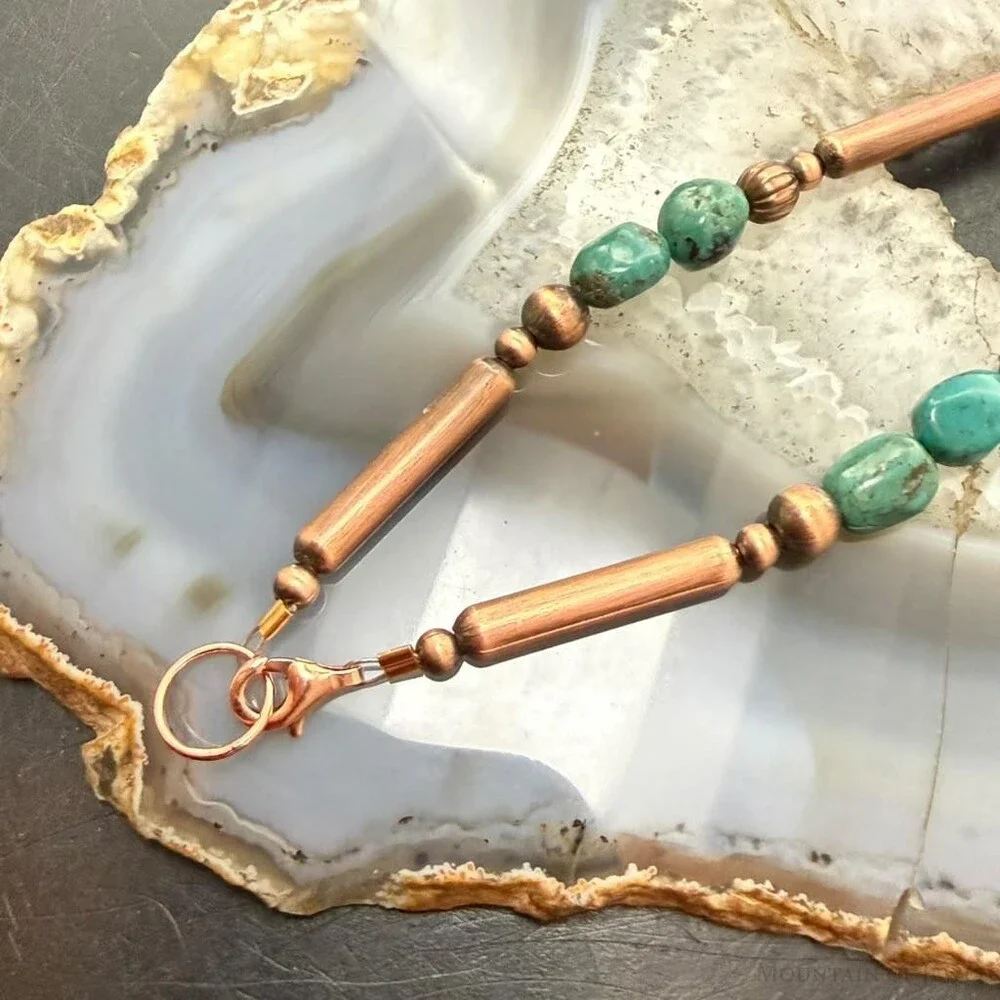 Southwestern Style 3-9.5mm Copper Navajo Pearl,Cylinder&Turquoise Beads Necklace
